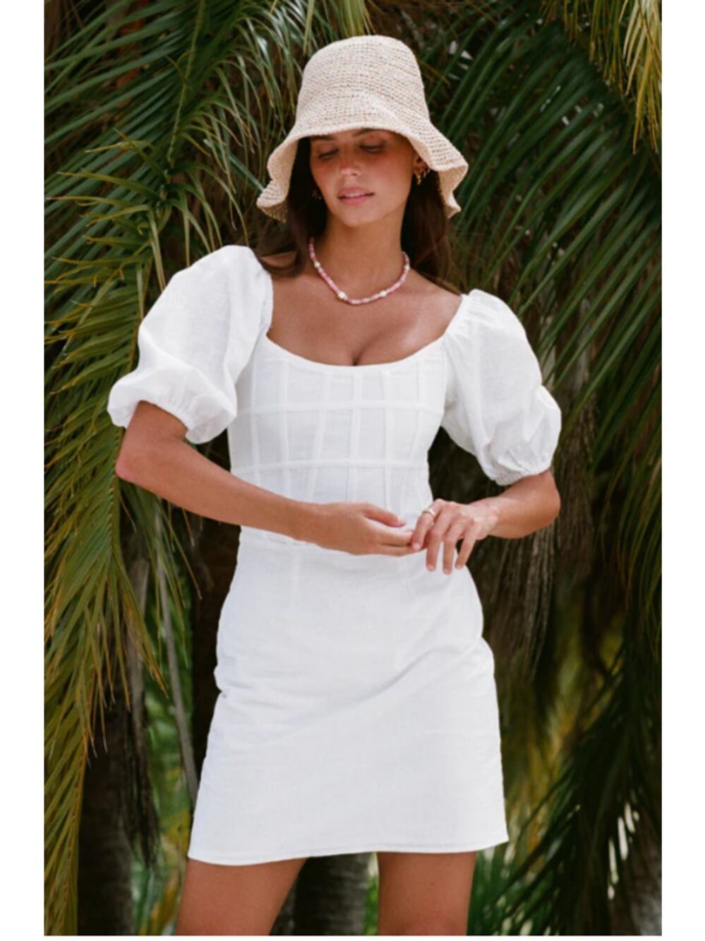 Sabo Ocean Lattice Puff Sleeves Mini Dress White Cotton Lined Size Small New